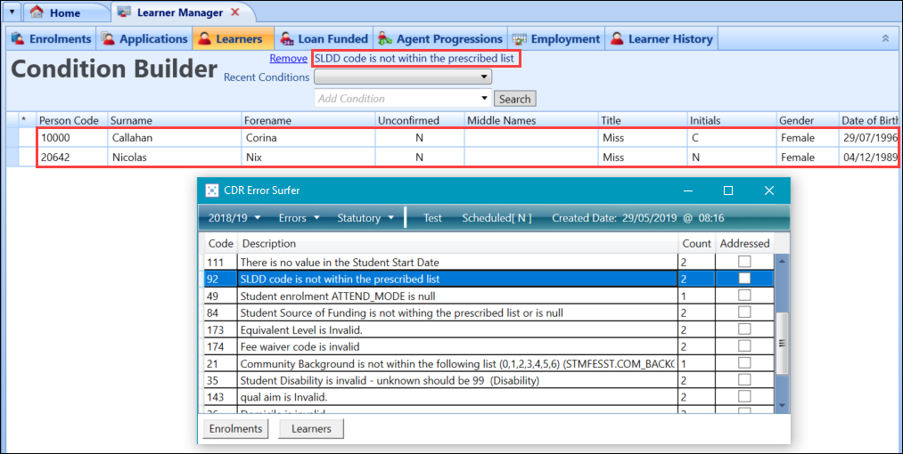 Relevant records displayed in Learner Manager